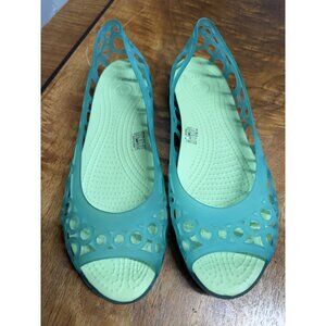 CROCS Women’s Size 9 Green Adrina III Flat Slip On Sandals Shoe Cutouts Peep Toe